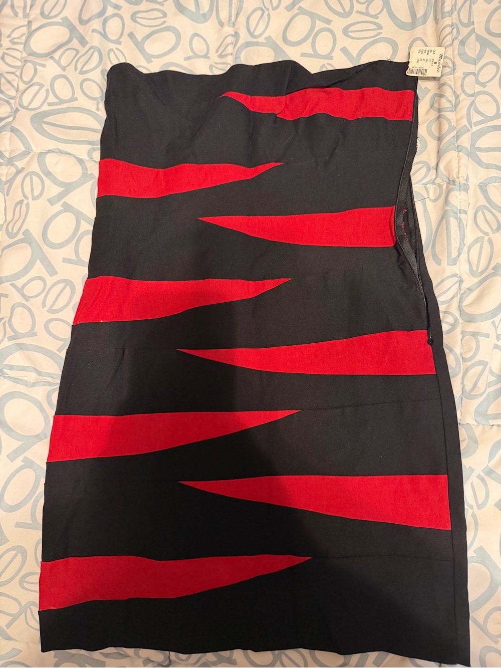 mandee Black Strapless Pencil Dress with Red Slash Details